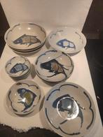 set vintage kobalt blauwe Koi vis porselein servies 15 stuks, Ophalen of Verzenden