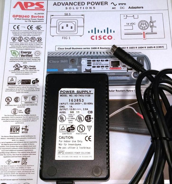 APS AD-740U-1138 AC Adapter 13.8V 14V 2.8A 39W Cisco 1600-R, Computers en Software, Pc- en Netwerkkabels, Zo goed als nieuw, Ophalen of Verzenden