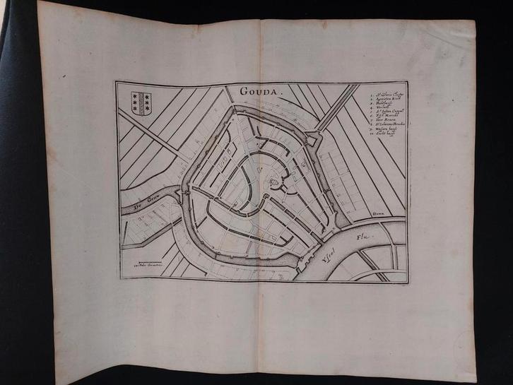8 / plattegrond van Gouda Gravure uit 1659 van C. Merian, Antiek en Kunst, Kunst | Etsen en Gravures, Ophalen of Verzenden