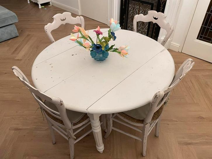 Antiek brocante biedemeier ronde tafel stoelen hangoor wit, Antiek en Kunst, Antiek | Meubels | Tafels, Ophalen