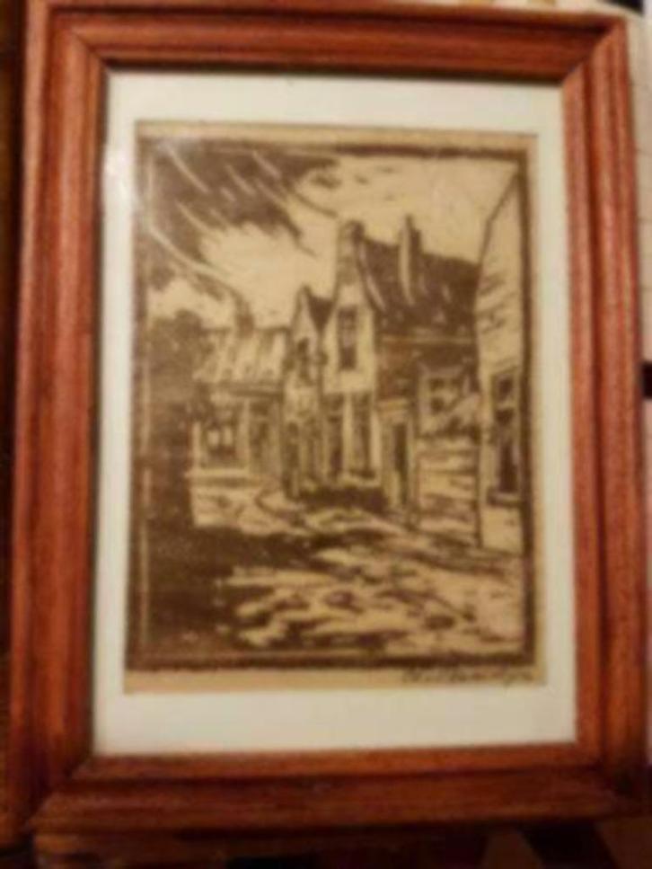 houtsnede stadsgezicht door Clement van Vlaardingen, Antiek en Kunst, Kunst | Etsen en Gravures, Ophalen