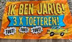 Supergrote (gevel)vlag " Ik ben jarig, 3 X toeteren!", Ophalen of Verzenden, Zo goed als nieuw