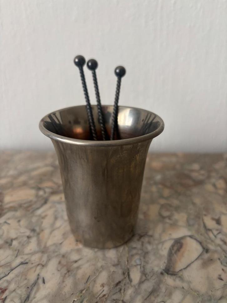 Vintage verzilverd lepelvaasje met 3 lepeltjes DE., Antiek en Kunst, Antiek | Bestek, Ophalen of Verzenden