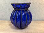 Vintage handgeblazen kobaltblauwe vaas metalen kooi beslag, Ophalen of Verzenden