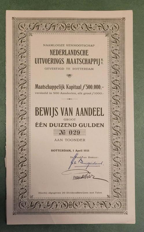Nederlandsche Uitvoerings Maatschappij 1931 fl 1000 aandelen, Postzegels en Munten, Aandelen en Waardepapieren, Aandeel, 1920 tot 1950
