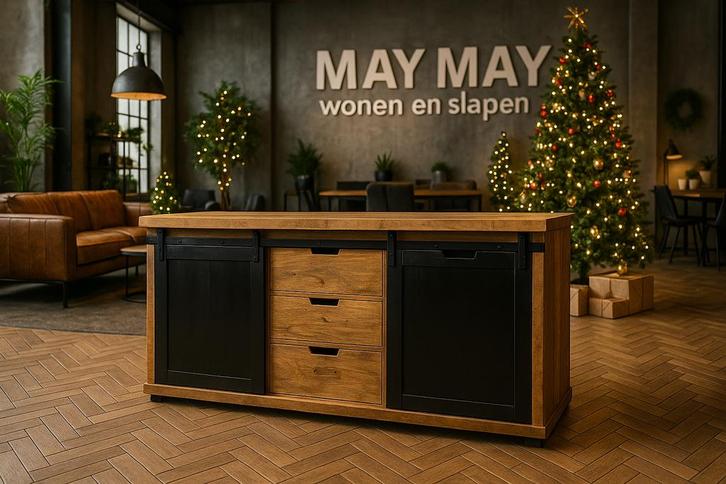 Dressoir 175cm 2 schuifdeuren 3-lades mango Direct/leverbaar, Huis en Inrichting, Kasten | Dressoirs, Nieuw, 150 tot 200 cm, 25 tot 50 cm