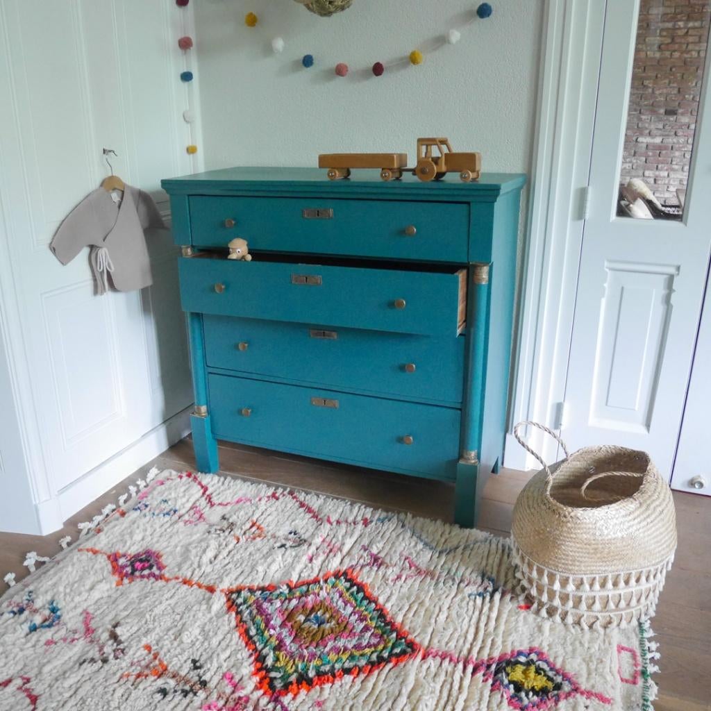 Vintage blauwgroene commode, Ophalen, Gebruikt, 50 tot 70 cm, 100 cm of meer