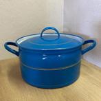 Blauwe emaille pan met gouden bies 28 cm doorsnee, Ophalen of Verzenden