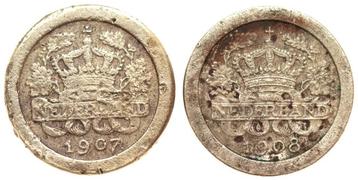 Wilhelmina - 2x oude 5 cents 1907, 1908 zf (5828 beschikbaar voor biedingen