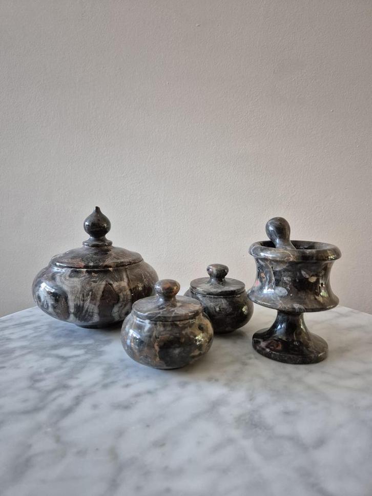Set potten vijzel keukengerij grijs geaderd marmer potjes, Antiek en Kunst, Antiek | Servies los, Ophalen of Verzenden