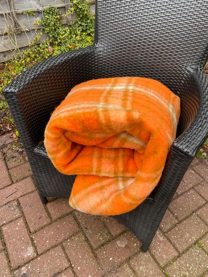 Prachtige vintage oranje geblokte wollen deken, Tuin en Terras, Tuinmeubel-accessoires, Zo goed als nieuw, Ophalen of Verzenden