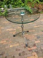 Glazen tafel met drumstel voet, hoogte verstelbaar., Minder dan 55 cm, Rond, Ophalen, 45 tot 60 cm