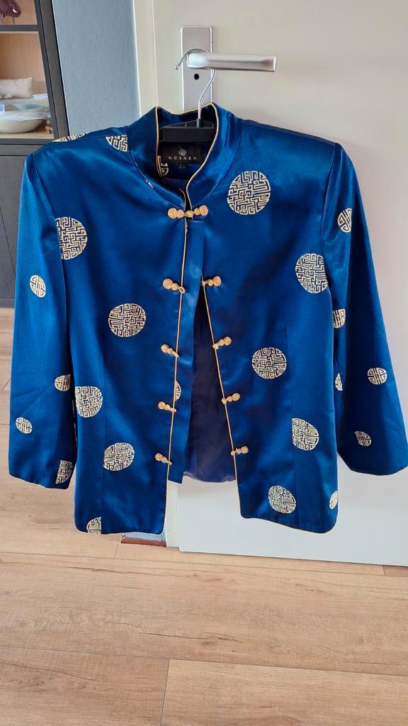 Blauw jasje met Oosterse print - Maat xl. Zijde. Guisen, Kleding | Dames, Jasjes, Kostuums en Pakken, Zo goed als nieuw, Jasje