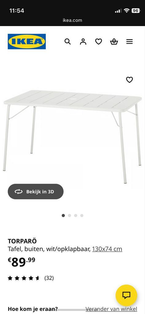 Torparo Ikea buiten tafel 130x74 cm poedergelakt staal wit., Tuin en Terras, Tuintafels, Zo goed als nieuw, Rechthoekig, Metaal