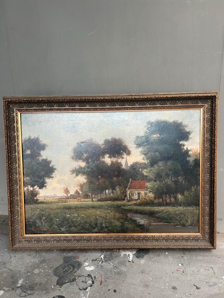 Landelijk olieverf schilderij in sierlijst, Antiek en Kunst, Kunst | Schilderijen | Klassiek, Ophalen