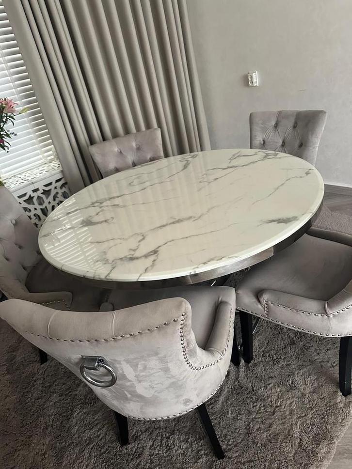 Marmeren eettafel set met 5 stoelen & salontafel, Huis en Inrichting, Tafels | Eettafels, Zo goed als nieuw, 100 tot 150 cm, Vijf personen of meer