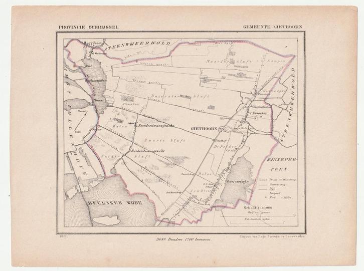 Giethoorn J. Kuijper Hugo Suringar oude kaart 1867, Boeken, Atlassen en Landkaarten, Gelezen, Landkaart, Nederland, 1800 tot 2000