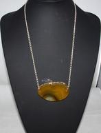 Zilverkleurige ketting met geode agaat schijf geel, Sieraden, Tassen en Uiterlijk, Kettingen, Ophalen of Verzenden, Nieuw, Geel