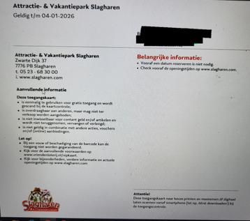 4 toegangskaarten attractiepark Slagharen beschikbaar voor biedingen