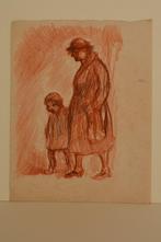Theo l`Herminez Mooie Rood krijt tekening Moeder en kind K17, Antiek en Kunst, Kunst | Tekeningen en Foto's, Verzenden