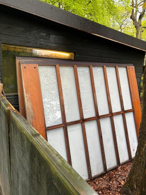 Meranti schuif deuren., Doe-het-zelf en Verbouw, Deuren en Horren, Gebruikt, Binnendeur, 80 tot 100 cm, Glas, Ophalen