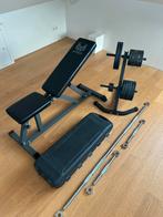 Fitnesset - halterbank, halterstang, dumbells en rekje 80 KG, Ophalen, Zo goed als nieuw, Benen, Fitnessbank