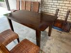 Eettafel met 6 bijpassende rieten stoelen, Huis en Inrichting, Ophalen, Gebruikt, Teakhout, 200 cm of meer