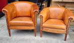 2x schapenleren kuip fauteuil cognac + BEZORGING GRATIS, Gebruikt, Chesterfield, Ophalen of Verzenden, Leer