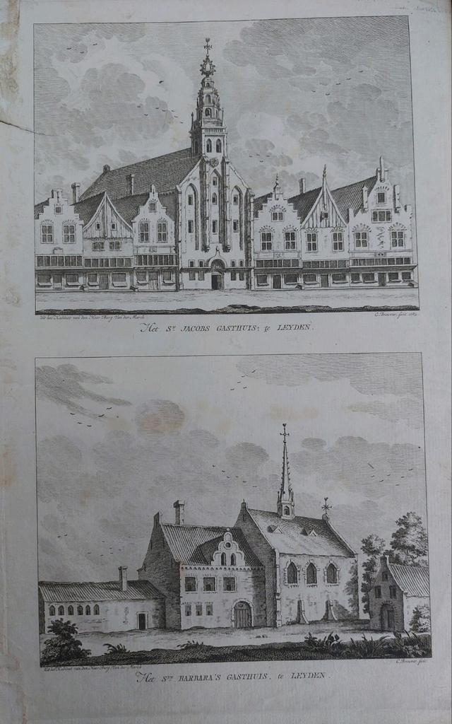 14 / St. Jacobs Gasthuis & St. Barbara's Gasthuis Leiden, Antiek en Kunst, Kunst | Etsen en Gravures, Ophalen of Verzenden