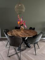 Eettafel mangohout rond 140cm met stoelen, Huis en Inrichting, Tafels | Eettafels, Ophalen, Gebruikt, Rond, Vijf personen of meer
