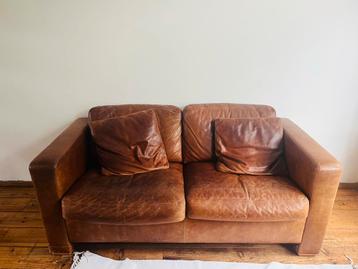 Cognac leren bank + loungefauteuil set beschikbaar voor biedingen