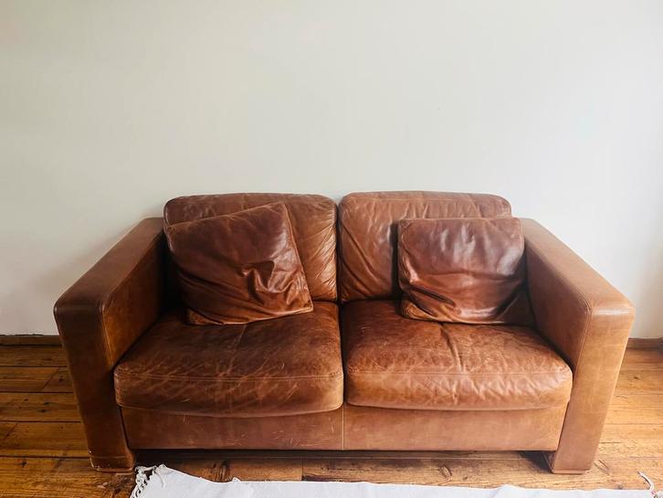 Cognac leren bank + loungefauteuil set, Huis en Inrichting, Banken | Bankstellen, Gebruikt, Rechte bank, Tweepersoons, 150 tot 200 cm
