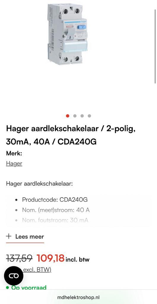 Hager aardlekschakelaar CDA 240G, Doe-het-zelf en Verbouw, Elektra en Kabels, Gebruikt, Schakelaar, Ophalen of Verzenden