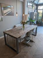 Eettafel 220x100x77,5 eiken blad, metalen poot eikenhouten, Huis en Inrichting, Tafels | Eettafels, 200 cm of meer, 50 tot 100 cm