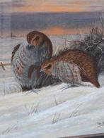 de Haas, Patrijzen in de sneeuw.  Pastel. Ca 1900. 59/69 cm., Antiek en Kunst, Ophalen