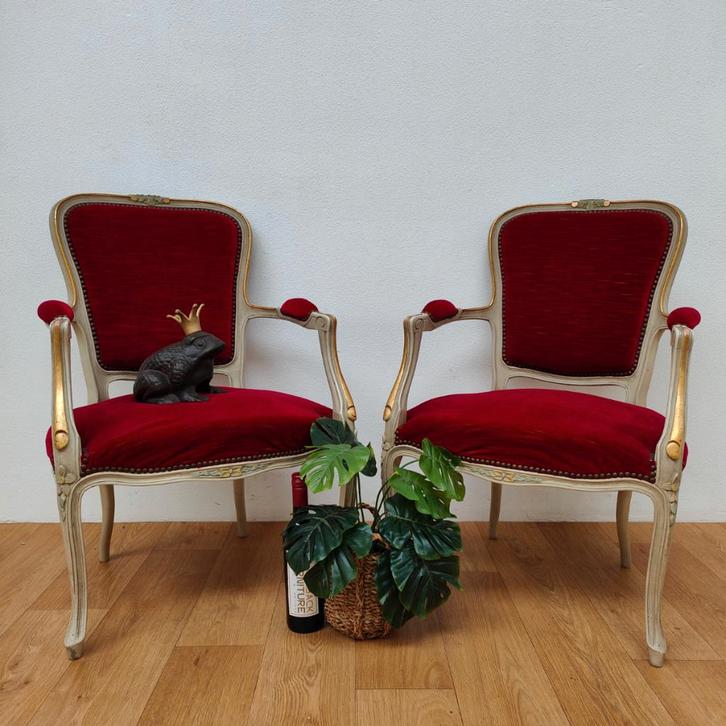 Brocante vintage Franse Louis XV stoelen fauteuils 207, Huis en Inrichting, Fauteuils, Gebruikt, Hout, 50 tot 75 cm, 75 tot 100 cm