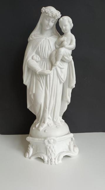 Antiek biscuit porselein Maria en kindje Jezus heiligbeeld beschikbaar voor biedingen