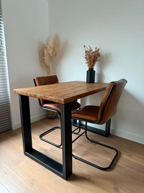 Teak Houten Bartafel met Lederen Stoelen, Huis en Inrichting, Tafels | Eettafels, 50 tot 100 cm, 100 tot 150 cm, tot twee personen