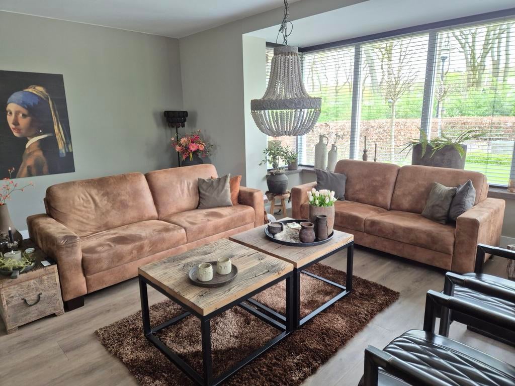 3+2 zits bank cognac, Huis en Inrichting, Ophalen, Gebruikt, Stof, Landelijk