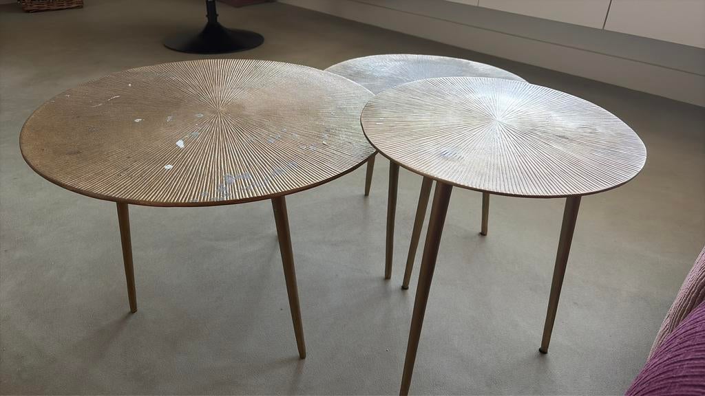 Drie koper messing/tafeltjes te koop, Huis en Inrichting, Tafels | Bijzettafels, Ophalen, Zo goed als nieuw, Rond, Minder dan 55 cm