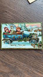 Nieuwjaar. Auto,kinderen,goudopdruk,hoefijzer,klaver,sneeuw, Ophalen of Verzenden, Voor 1920, Gelopen