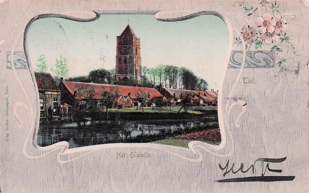 Tiel ART DECO - Het eilandje met kerk e.d. gel. 1905, Ophalen of Verzenden, Voor 1920, Gelopen, Gelderland