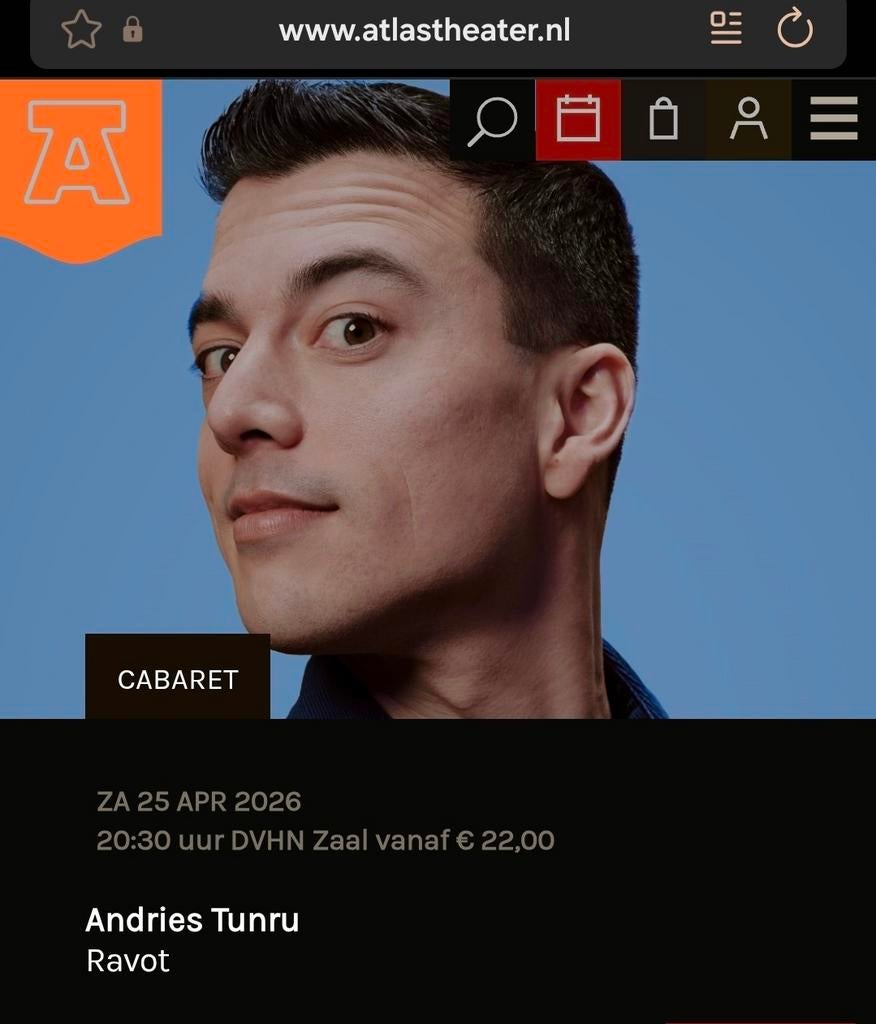 Andries Tunru, 2 tickets, 25 april Atlas Theater, Twee personen, April