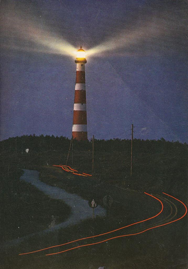 Ameland Vuurtoren bij nacht 1974, Ophalen of Verzenden, 1980 tot heden, Gelopen, Waddeneilanden