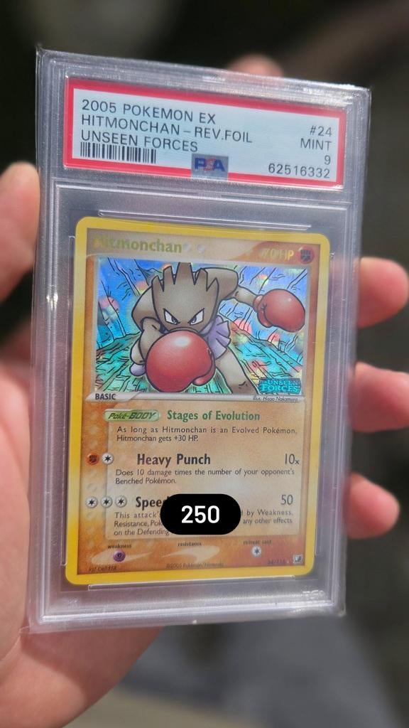 Hitmonchan Reverse Foil Ex Unseen Forces PSA 9 Pokeball, Ophalen of Verzenden, Zo goed als nieuw, Losse kaart, Foil