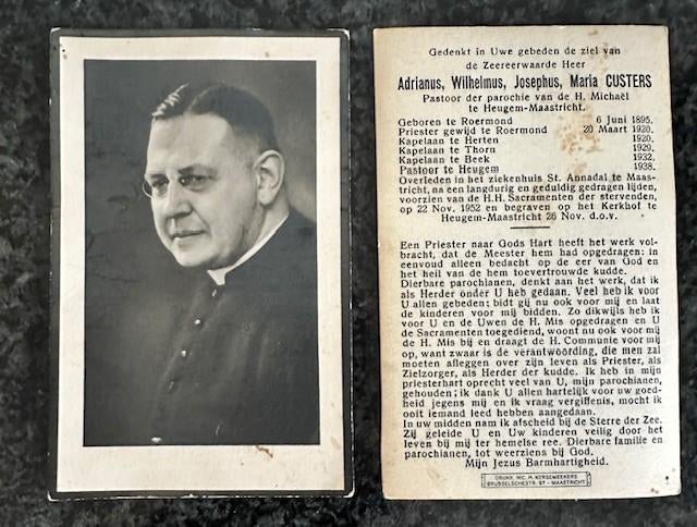 Bidprentje Pastoor Adrianus Wilhelmus Josephus Maria Custers, Verzamelen, Bidprentjes en Rouwkaarten, Ophalen of Verzenden, Bidprentje
