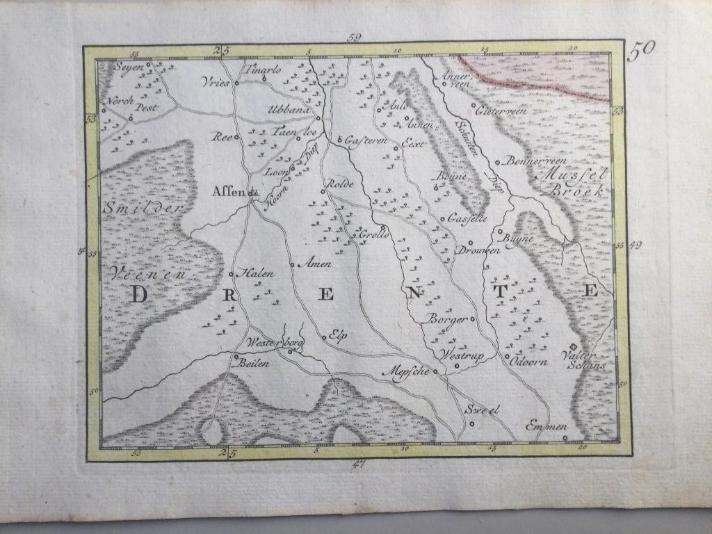 Assen , Beilen , Emmen, e.o., JC Sepp, 1773 ., Antiek en Kunst, Kunst | Etsen en Gravures, Cartografie, Handgekleurd, 1700 - 1799