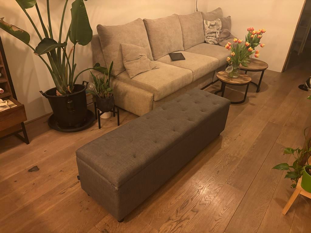 Gebruikt bankje met opslagruimte, Ophalen, Gebruikt, 125 cm of meer, Stof