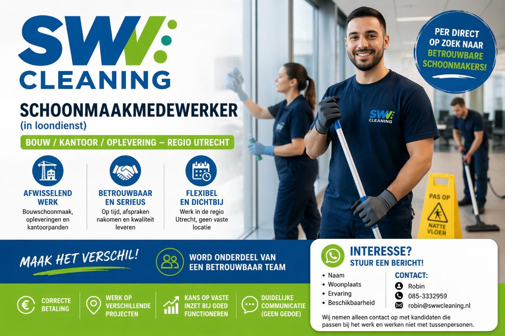 Schoonmaakmedewerker, Vacatures, Vacatures | Schoonmaak en Facilitaire diensten, Vanaf 1 jaar, MBO, 33 - 40 uur, Geschikt als bijbaan