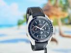 Omega Speedmaster Moonphase Chrono Briljante Staat 11-2024NL, Leer, Staal, Polshorloge, Ophalen of Verzenden